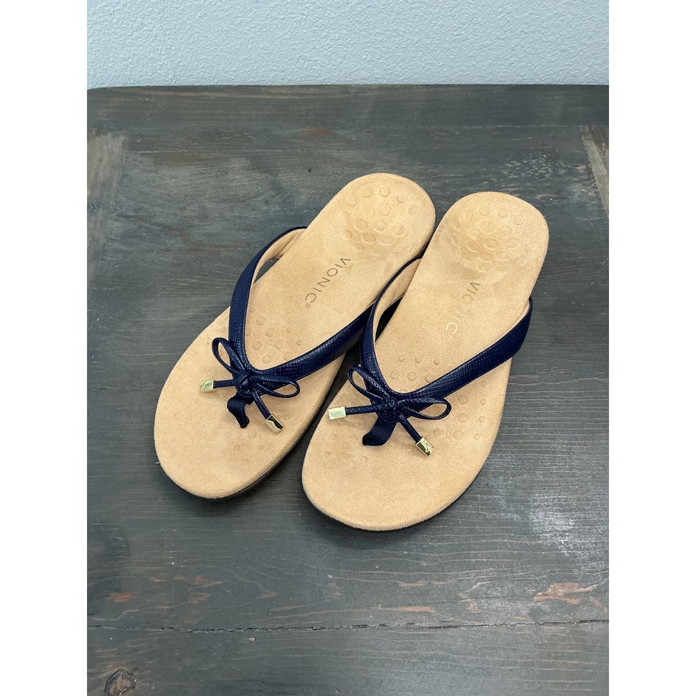Vionic Bella II Orthotic Thong Sandals Navy Blue Bow Women's Size 10